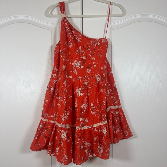 Red One-Shoulder Linen Floral Mini Dress XS Free People Summer Party Festival - Picture 2 of 9